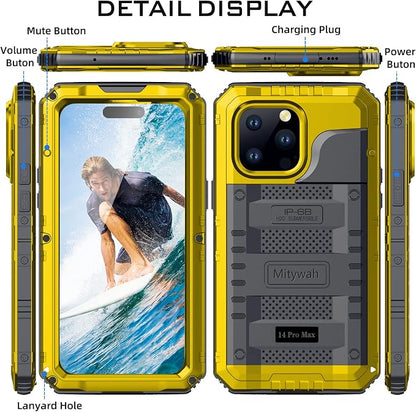 Mitywah Waterproof Case for iPhone 14 Pro Max, Heavy Duty Shockproof Case with Built-in Screen Protector, Full Body Underwater Protective Metal Case 6.7 inch, Yellow