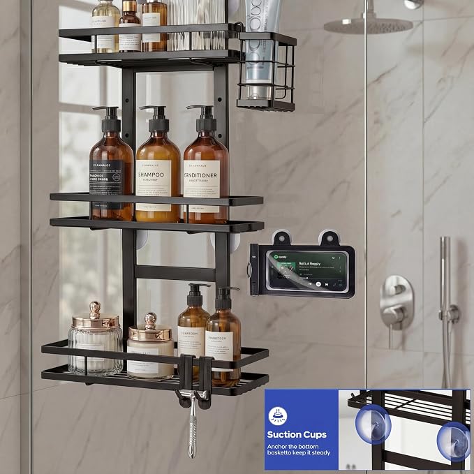 Over the Door Shower Caddy Hanging, Rustproof Shower Shelves with Waterproof Phone Pouch, 3-Tier Adjustable Bathroom Organizers and Storage, No Drilling Shower Shelf, Black Shampoo Soap Holder