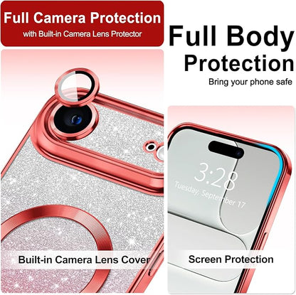 Hython for iPhone Air Case Glitter Clear Magnetic Phone Cases [Compatible with MagSafe] Full Camera Lens Protector Sparkle Luxury Plating Slim Shockproof Protective Cover Women, Gradient Red