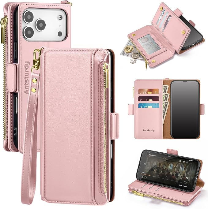 Antsturdy Compatible with iPhone 17 Pro Wallet Case Women,RFID Blocking PU Leather Phone Case Men Kickstand Flip Cover Wrist Strap Zipper Credit Card Holder Slots for Apple 17 Pro 6.3",Pink