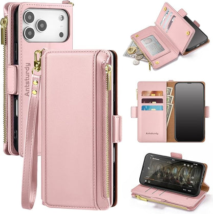 Antsturdy Compatible with iPhone 17 Pro Wallet Case Women,RFID Blocking PU Leather Phone Case Men Kickstand Flip Cover Wrist Strap Zipper Credit Card Holder Slots for Apple 17 Pro 6.3",Pink