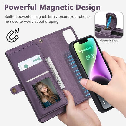 Wallet Case for iPhone 14 with Card Holder/Crossbody Wallet/Strap| RFID Blocking | Magnetic | Kickstand | Detachable | PU Leather Phone Case for iPhone 14,6.1 in,Purple