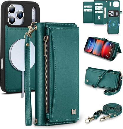 Wallet Case for iPhone 17 Pro Max with Card Holder/Crossbody Wallet/Strap,[RFID Blocking][Magnetic] PU Leather Phone Case for iPhone 17 Pro Max,6.9 in,Green