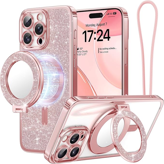Meifigno Magnetic Case with Removable Phone Ring Stand for iPhone 16 Pro Max 6.9’’, [Glitter Card & Wrist Strap] [MagSafe Compatible] [Built in Mirror] Phone Ring Stand + Phone Case Kit, Rose Gold | 6.9'', Glitter Card, Wrist Strap, MagSafe Compatible,...