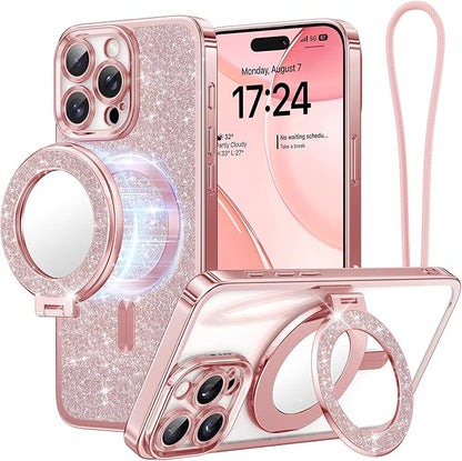 Meifigno Magnetic Case with Removable Phone Ring Stand for iPhone 16 Pro Max 6.9’’, [Glitter Card & Wrist Strap] [MagSafe Compatible] [Built in Mirror] Phone Ring Stand + Phone Case Kit, Rose Gold | 6.9'', Glitter Card, Wrist Strap, MagSafe Compatible,...