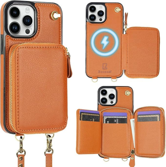 Bocasal for MagSafe Crossbody Wallet Case Compatible with iPhone 13 Pro Max, RFID Blocking Protective Purse Case with Card Slots Holder Kickstand Wrist Strap Lanyard Zipper 6.7 Inch 5G (Brown)