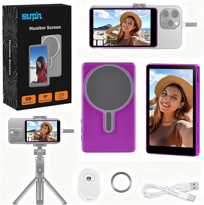 SUNPIN Vlog Selfie Monitor Screen, Wireless 4K/1080p Back Camera Monitor for iPhone & Android, Built-in Speaker for YouTube TikTok Live Streaming (Purple)