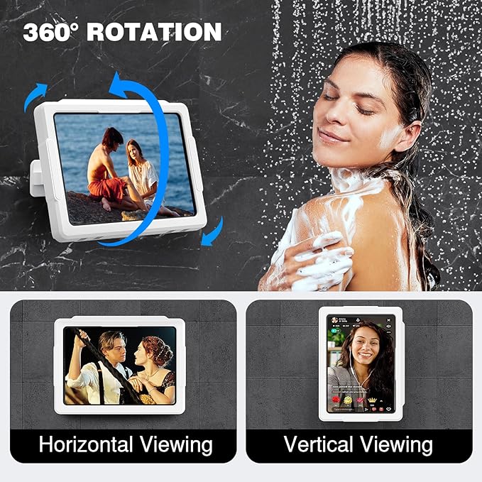 MoKo Shower Tablet Holder, Stretchable Waterproof iPad Holder Fit All Devices Up to 11", 360° Rotation Tablet Wall Mount Holder with Anti-Fog Touchable Screen, 2 Placement Modes, for Bathroom Kitchen