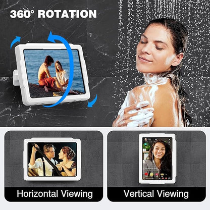 MoKo Shower Tablet Holder, Stretchable Waterproof iPad Holder Fit All Devices Up to 11", 360° Rotation Tablet Wall Mount Holder with Anti-Fog Touchable Screen, 2 Placement Modes, for Bathroom Kitchen