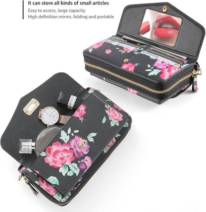 LITOU Compatible for Samsung Galaxy S26 Plus Crossbody Phone Case,Detachable Magnetic,Card Holder,Zipper Leather Wallet Wrist Lanyard Strap Case for Women Men.BlackFlower