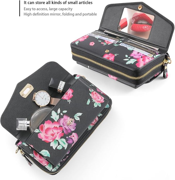 LITOU Compatible for Samsung Galaxy S26 Crossbody Phone Case,Detachable Magnetic,Card Holder,Zipper Leather Wallet Wrist Lanyard Strap Case for Women Men.BlackFlower