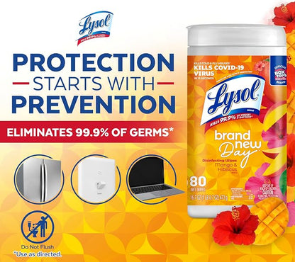 Lysol Disinfectant Wipes, Multi-Surface Cleaning Wipes, Dorm Room Essentials For Disinfecting and Cleaning, Mango & Hibiscus 80ct
