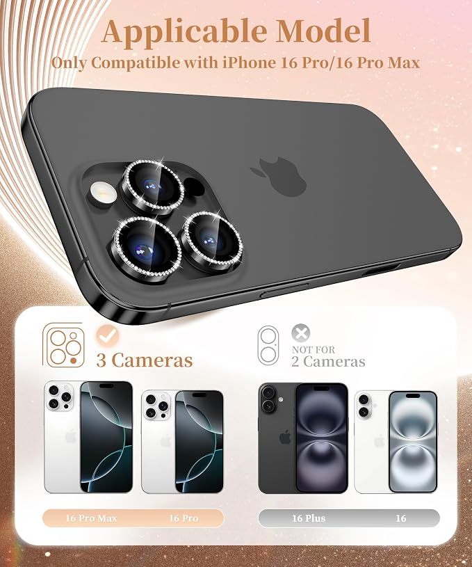 GolbinBox Camera Lens Protector for iPhone 17 Pro Max/17 Pro/16 Pro Max/16 Pro, 1:1 Invisible Fit, 9H Tempered Glass Ultra HD Metal Individual Camera Cover for Women, Case Friendly,Bling/Black
