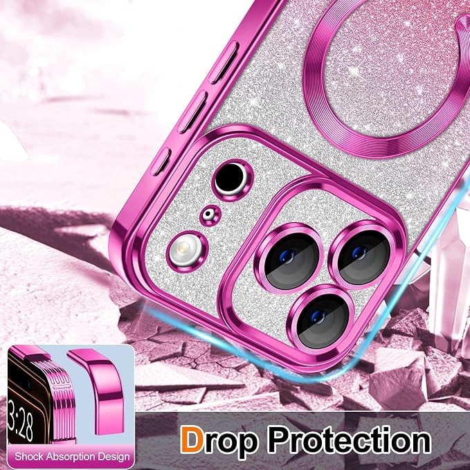 Hython for iPhone 17 Pro Max Case Glitter Clear Magnetic Phone Cases [Compatible with MagSafe] Full Camera Lens Protector Sparkle Luxury Plating Slim Shockproof Protective Cover, Gradient Hot Pink
