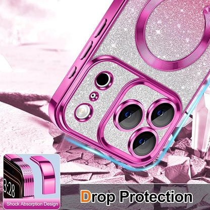 Hython for iPhone 17 Pro Max Case Glitter Clear Magnetic Phone Cases [Compatible with MagSafe] Full Camera Lens Protector Sparkle Luxury Plating Slim Shockproof Protective Cover, Gradient Hot Pink