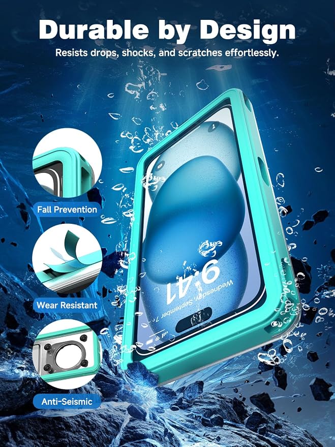 APRUT Waterproof Phone Pouch Case 7.5", 2025 Upgraded IPX8 Waterproof Phone Case for Snorkeling, Universal Fit for iPhone 16 Pro Max 15 14 13, Galaxy S25, Beach Vacation Essentials (Cyan)