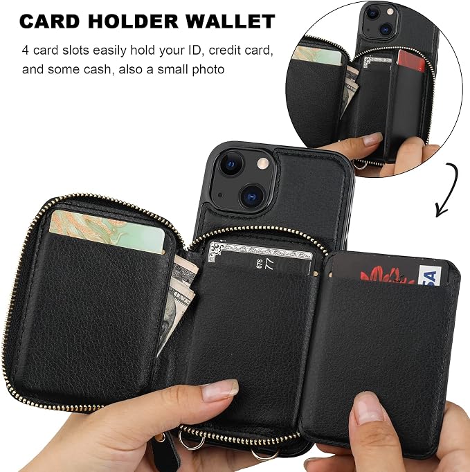 Bocasal RFID Blocking Wallet Case for iPhone 14 iPhone 13, Adjustable Crossbody Zipper Purse Case Card Holder with Kickstand Detachable Wrist Strap, PU Leather Flip Folio Case 6.1 Inch 5G (Black)