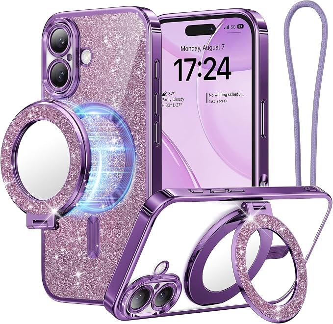 Meifigno Magnetic Case with Removable Phone Ring Stand for iPhone 16 6.1", [Glitter Card & Wrist Strap] [MagSafe Compatible] [Built in Mirror] Magnetic Phone Ring Holder + 16 Case Kit, Purple