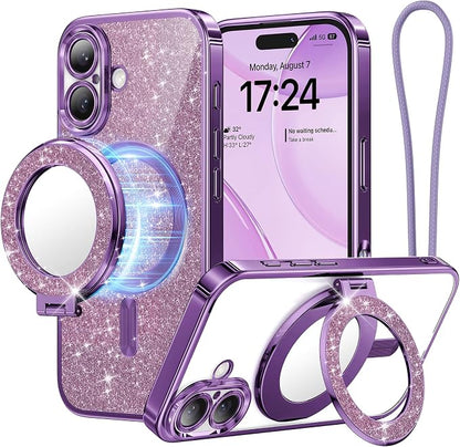 Meifigno Magnetic Case with Removable Phone Ring Stand for iPhone 16 Plus, [Glitter Card & Wrist Strap] [MagSafe Compatible] [Built in Mirror] Magnetic Phone Ring Holder + 16 Plus Case Kit, Purple