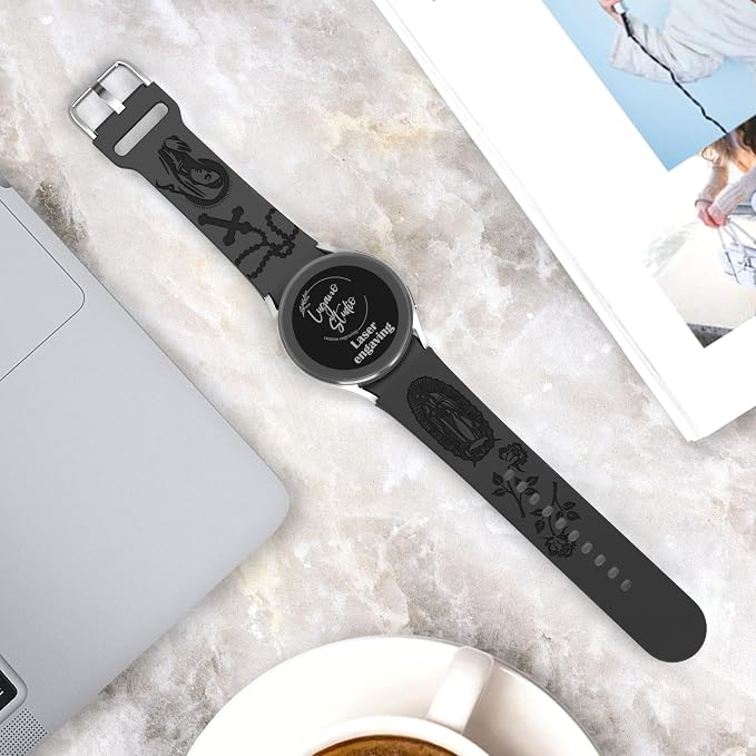 Virgin Mary Lady of Guadalupe Band Compatible with Samsung Galaxy Watch Laser Engraved Silicone 20mm Strap 7/6/5/4 40mm 44mm/Watch 6 Classic Watch 4 46mm 42mm Jesus God Wristband Religious (Black)