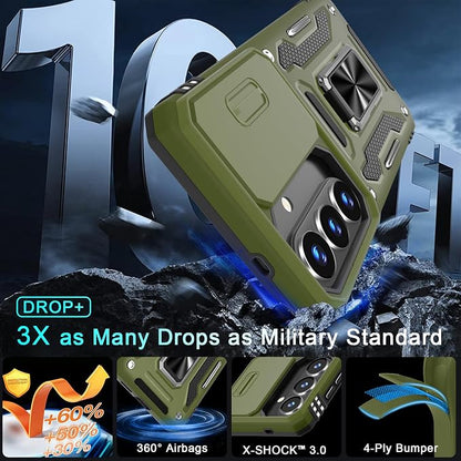 DEERLAMN Case for Samsung Galaxy A37 5G with Slide Camera Cover+Screen Protector (1 Pack), Rotated Ring Kickstand Military Grade Shockproof Protective Cover-Olive Green