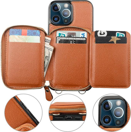 Bocasal RFID Blocking Wallet Case for iPhone 13 Pro Max, Adjustable Crossbody Zipper Purse with Kickstand and Detachable Wrist Strap, PU Leather Flip Folio Case 6.7 Inch 5G (Brown)