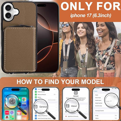 XANGNIER Wallet Case for iPhone 17 with Strap, RFID Blocking PU Leather Crossbody Phone Purse with Card Holder, Zipper Pocket, Wrist Strap & Adjustable Lanyard for Women 6.3" 5G,Brown