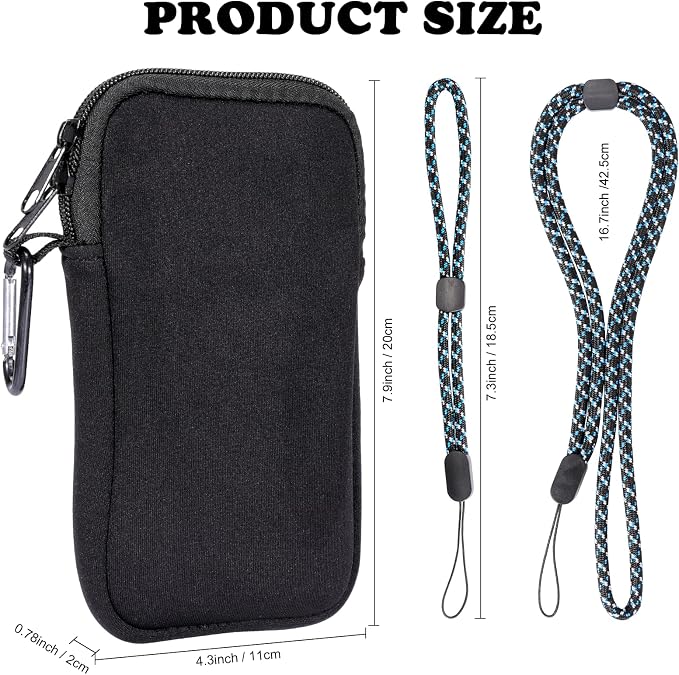 Pwsap Phone Sock, Universal Shock & Impact Resistant Neoprene Pouch with Carabiner and Lanyard Strap Sleeve Case for Hiking & Travelling Phone Bag Fits Phones up to 7 Inches, Black, L