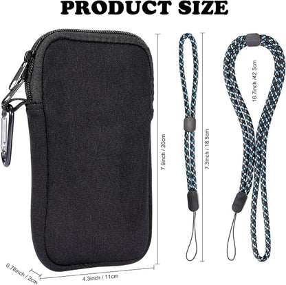 Pwsap Phone Sock, Universal Shock & Impact Resistant Neoprene Pouch with Carabiner and Lanyard Strap Sleeve Case for Hiking & Travelling Phone Bag Fits Phones up to 7 Inches, Black, L