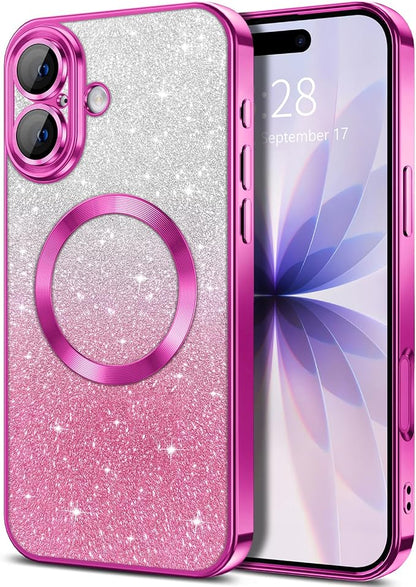 Hython for iPhone 17 Case Glitter Clear Magnetic Phone Cases [Compatible with MagSafe] Full Camera Lens Protector Sparkle Luxury Plating Slim Shockproof Protective Cover, Gradient Hot Pink