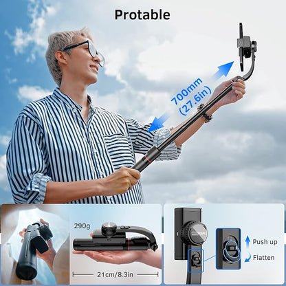 Smartphone Gimbal Stabilizer with Remote, Aluminum Extendable Selfie Stick Tripod, 360° Automatic Rotation, Auto Balance for Live Video Recording, Vlogging, YouTube Compatible with iPhone and Android