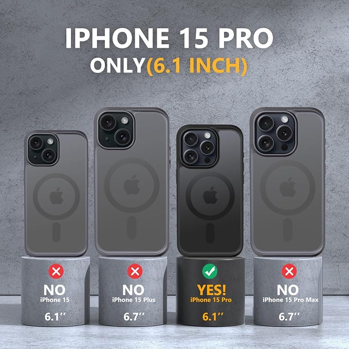 MOCCA Strong Magnetic for iPhone 15 Pro Case, [Compatible with Magsafe][13FT Military Drop Protection] Slim Translucent Matte Shockproof Case for iPhone 15 Pro Phone Case 6.1'', Black