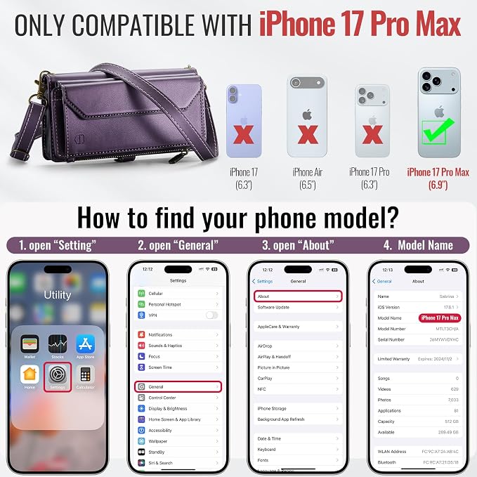 Strapurs Wallet Case Compatible with iPhone 17 Pro Max 6.9" RFID Blocking 10-Card Holder Soft PU Leather Magnetic Snap Shoulder Strap Zipper Pocket Phone Case Fit for iPhone 17 Pro Max - Purple
