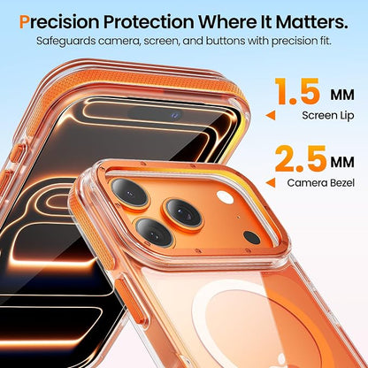 Strong Magnetic for iPhone 17 Pro case with camera lens protector [10Ft Military-Grade Protection] Compatible with fit MagSafe Shockproof Slim Thin Cover case for iPhone 17 Pro 6.3 inch, Clear Orange