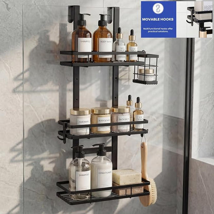 Over the Door Shower Caddy Hanging, Rustproof Shower Shelves with Waterproof Phone Pouch, 3-Tier Adjustable Bathroom Organizers and Storage, No Drilling Shower Shelf, Black Shampoo Soap Holder
