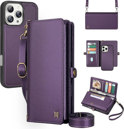 for Wallet Case Compatible with iPhone 13 Pro Max,Multi-Function Detachable 2 in 1 Magnetic iPhone 13 Pro Max Case Wallet,Flip Strap Zipper Card Holder Phone Case with Shoulder Straps (Pruple)