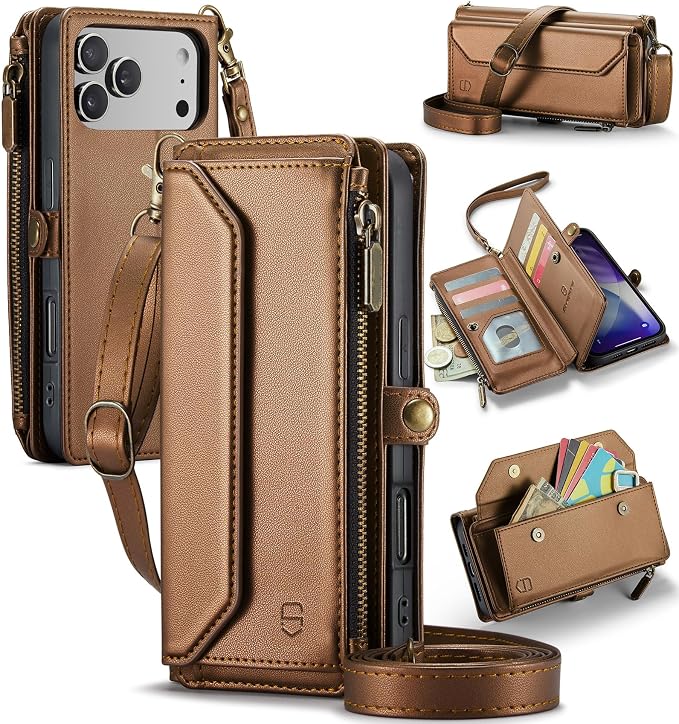 Strapurs Wallet Case Compatible with iPhone 17 Pro 6.3" RFID Blocking 9-Card Holder Soft PU Leather Magnetic Snap Shoulder Strap Zipper Pocket Phone Case Fit for iPhone 17 Pro for Women - Brown