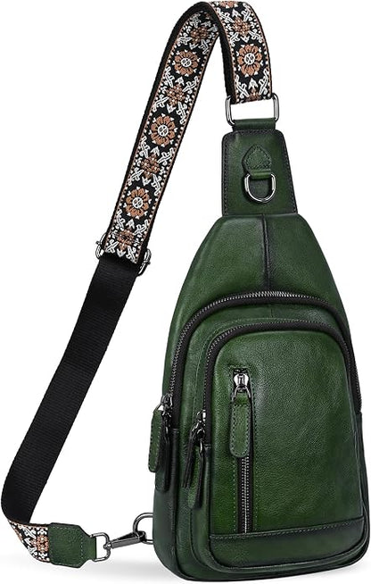 HESHE Leather Sling Bag for Women Crossbody Bags with Multi-Pocket Stylish Fanny Packs for Travel Chest Bag