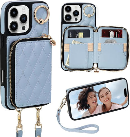 Keallce for iPhone 16 Pro Max 6.9'' Wallet Case, Crossbody Zipper Purse with Wristlet for Women, RFID Blocking Card Holders, 360° Ring Kickstand Flip Leather Case for iPhone 16 Pro Max, Blue