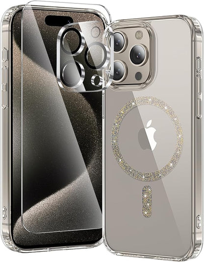 3 in 1 for iPhone 15 Pro Case Clear, Not Yellowing, Screen Protector*1 Camera Lens Protector*1, Military-Grade Protection for iPhone 15 Pro Phone Case 6.1 inch Clear Colored mag-Ring