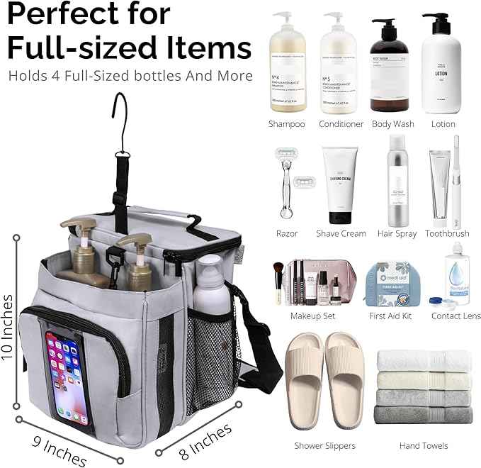 TERRA HOME Portable Shower Caddy Bag- Large Capacity, Quick Dry with Metal Hook - Hanging Shower Bag - Breathable Mesh Toiletry Shower Tote for Gym and College Dorm (Grey, Extra Large)