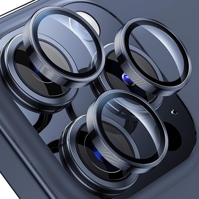 WSKEN for iPhone 15 Pro/iPhone 15 Pro Max Camera Lens Protector,[Keep Original Shooting] Shatterproof 9H Tempered Glass Camera Screen Protector Metal Ring Cover Film Accessories,Blue Titanium