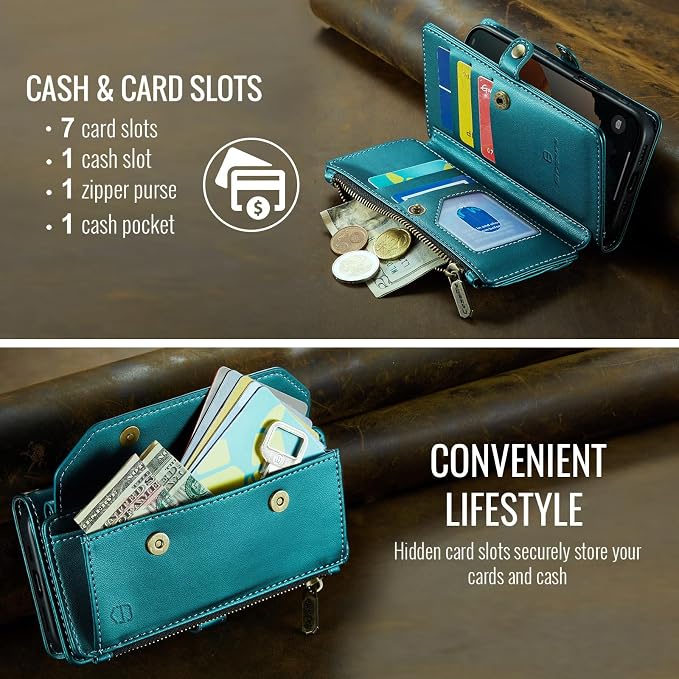 Strapurs Crossbody Wallet Case Compatible with iPhone 17e / iPhone 16e RFID Blocking 7-Card Holder PU Leather Magnetic Snap Shoulder Strap Zipper Pocket Phone Cases for iPhone 17e / 16e - Blue Green