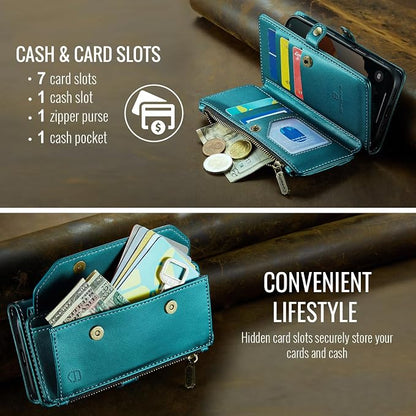 Strapurs Wallet Case Compatible with iPhone 16 6.1" RFID Blocking 7-Card Holder Soft PU Leather Magnetic Snap Shoulder Strap Zipper Pocket Phone Case Fit for iPhone 16 for Women - Blue Green