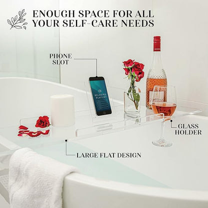 40" Supreme - Clear Acrylic Bathtub Tray Caddy Tub Shelf, Spa Board Luxury Bathroom Bath tub Table, Fits Across Bathtubs, Book, iPad and Wine Glass Holder (Supreme, 40")