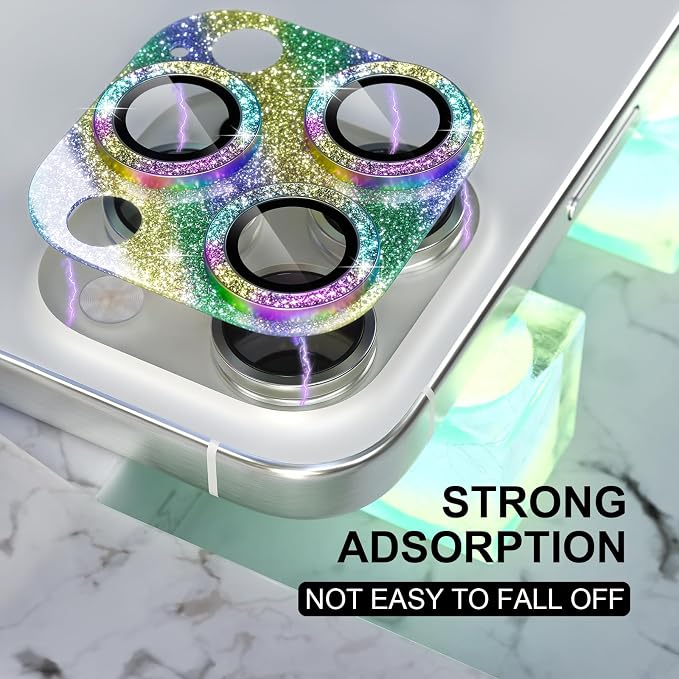 Choiche Compatible for iPhone 16 Pro/iPhone 16 Pro Max Camera Lens Protector, Bling Camera Cover with 9H Tempered Glass Lens Screen Protector Metal Ring Decoration Accessories (Glitter-Colorful)