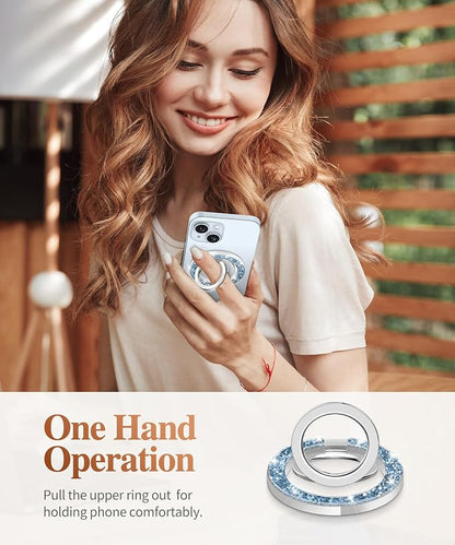 GVIEWIN Magnetic Phone Ring Holder, Compatible with MagSafe Phone Grip with Adjustable Stand, Magnet Phone Ring Kickstand for iPhone 17/16/15/14/13/12 Pro Max Plus Air/Other Phones (Glitter/Blue)