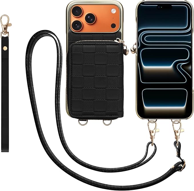 Keallce for iPhone 17 Pro Max 6.9'' Wallet Case, Crossbody Zipper Purse with 4 Card Slots RFID Blocking, Lanyards & Wrist Straps, Flip Leather Folio Cover with Kickstand for iPhone 17 Pro Max, Black
