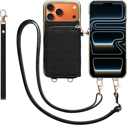 Keallce for iPhone 17 Pro Max 6.9'' Wallet Case, Crossbody Zipper Purse with 4 Card Slots RFID Blocking, Lanyards & Wrist Straps, Flip Leather Folio Cover with Kickstand for iPhone 17 Pro Max, Black