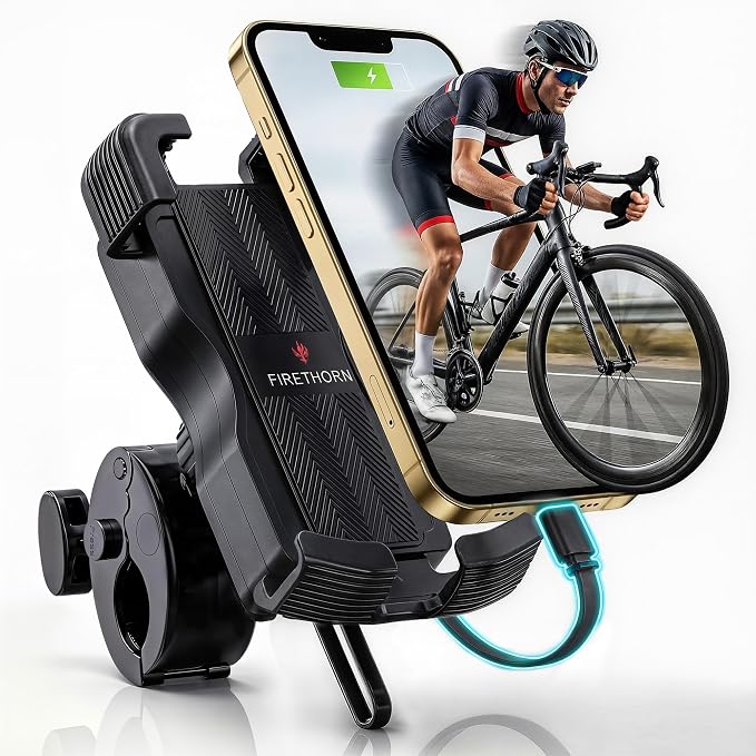 Bike Phone Holder with Built in 5000 mAh Rechargable Battery - Motorcycle Mount, Handlebar Cell Phone Clamp, Scooter Clip for all 4.7 to 6.8" Phone types - iPhone 17, 16, 15 Plus, S20, Smartphones